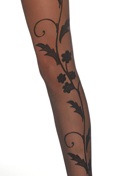 Emma Floral Vine Patterned Black Sheer Tattoo Tights by Adrian