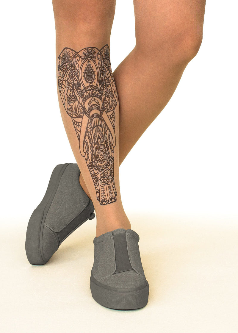 Indian Elephant Tattoo Printed Sheer Tights/Pantyhose