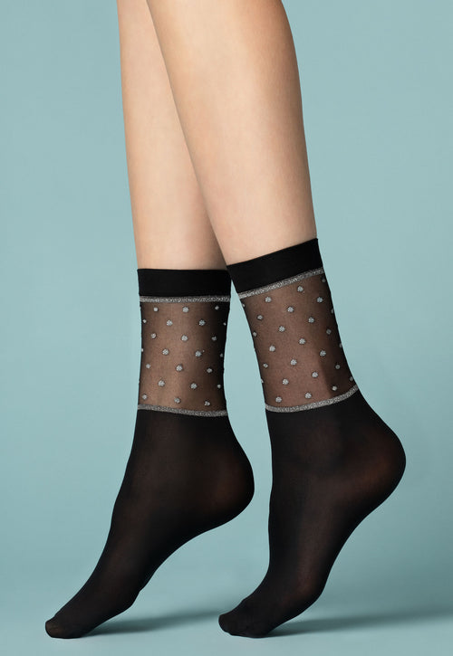 Prima Neve Black Opaque Socks with Silver Lurex Polka Dots Top by Fiore