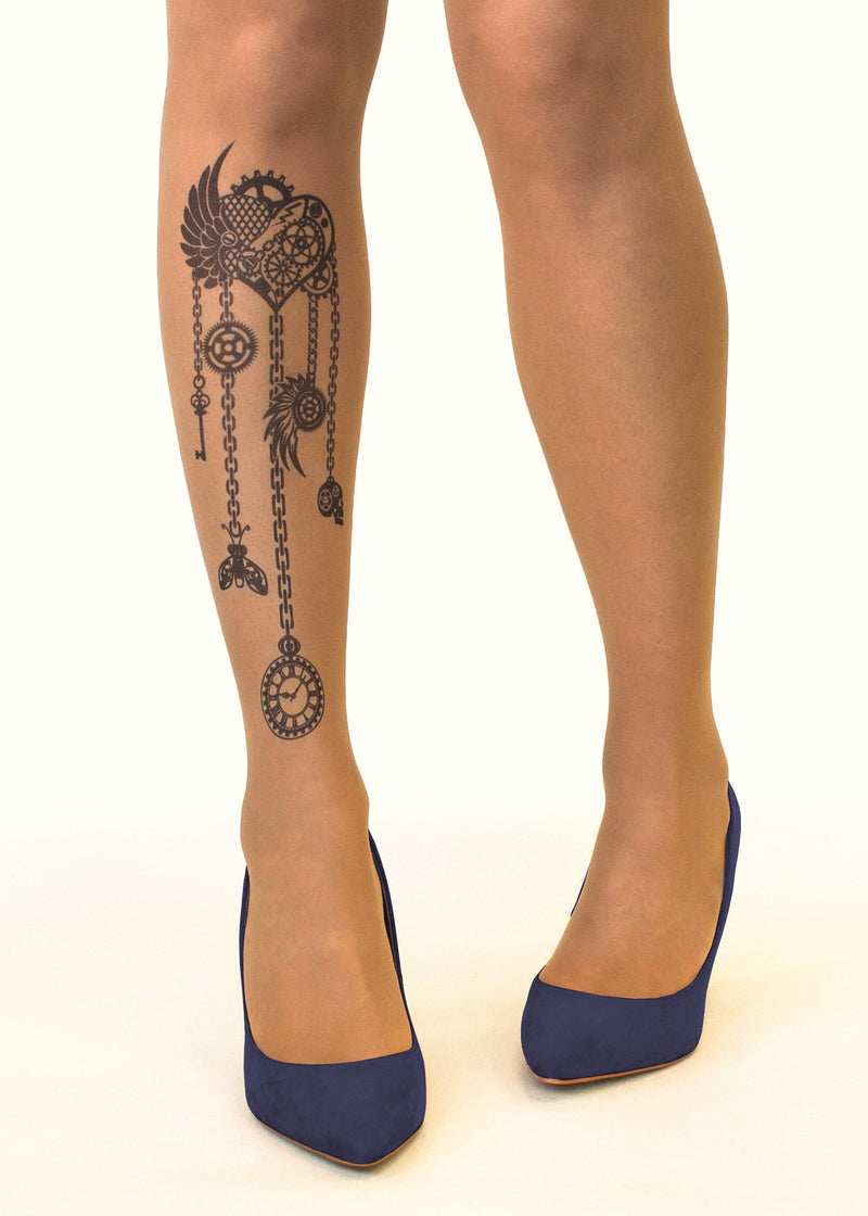 Steampunk Heart Tattoo Printed Sheer Tights/Pantyhose