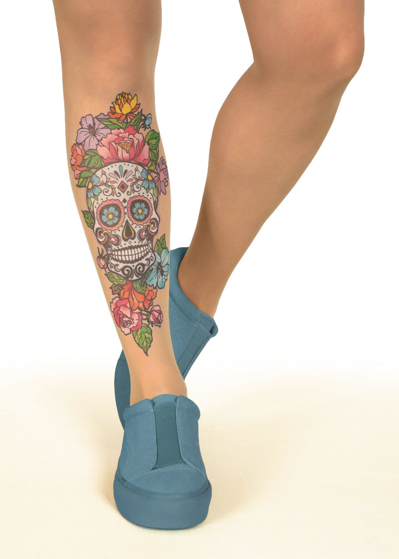 Sugar Skull Tattoo Printed Sheer Tights/Pantyhose