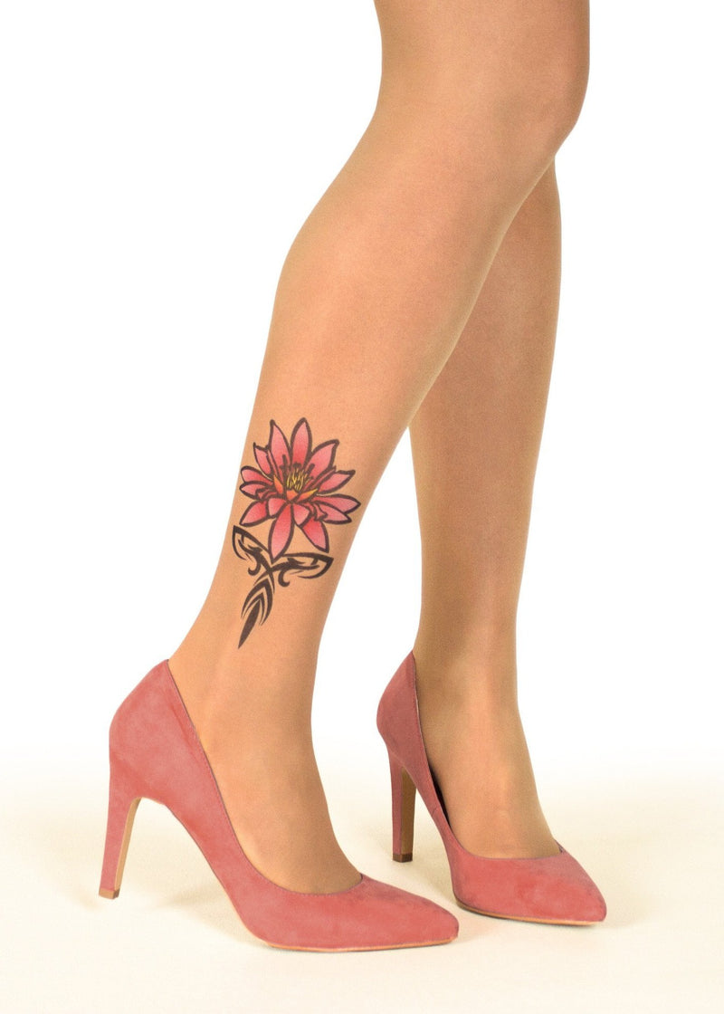 Pink Tribal Water Lily Tattoo Printed Sheer Tights/Pantyhose