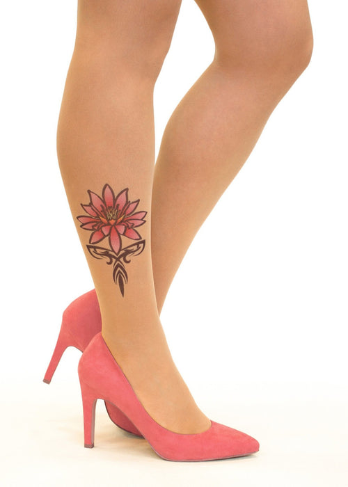 Pink Tribal Water Lily Tattoo Printed Sheer Tights/Pantyhose