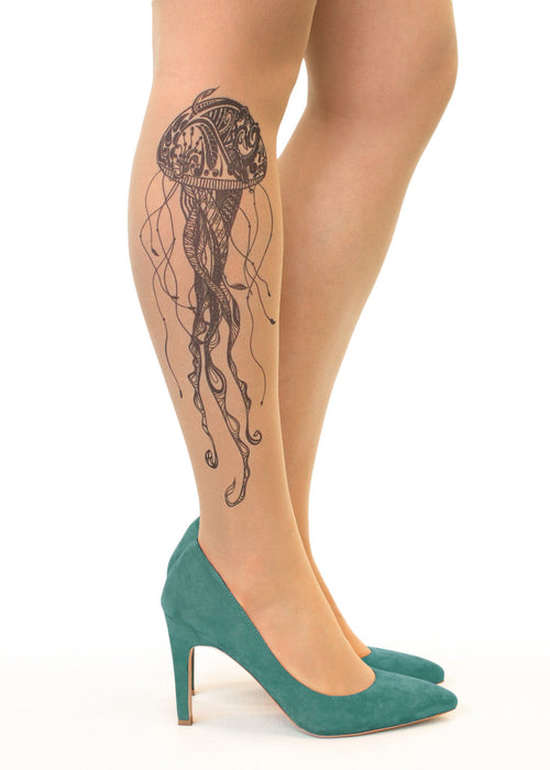 Black Jellyfish Tattoo Printed Sheer Tights/Pantyhose