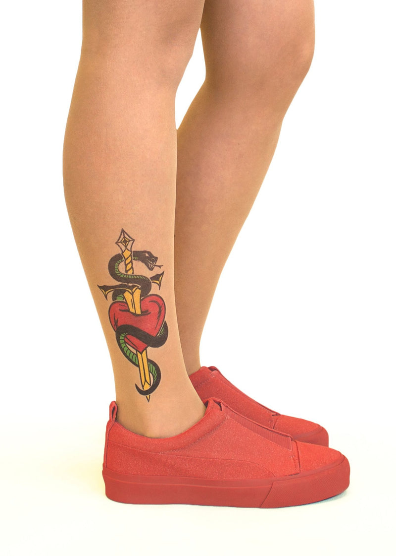 Heart, Dagger & Snake Tattoo Printed Sheer Tights/Pantyhose