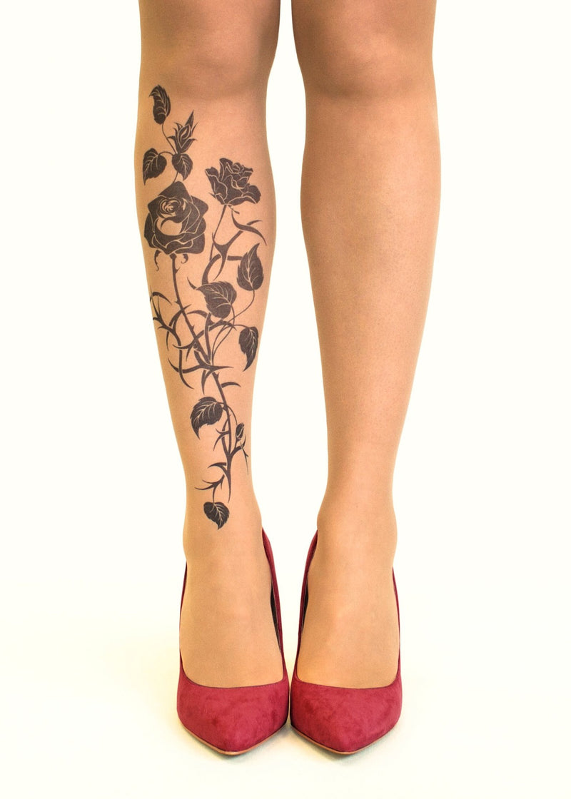 Black Roses Flower Tattoo Printed Sheer Tights/Pantyhose
