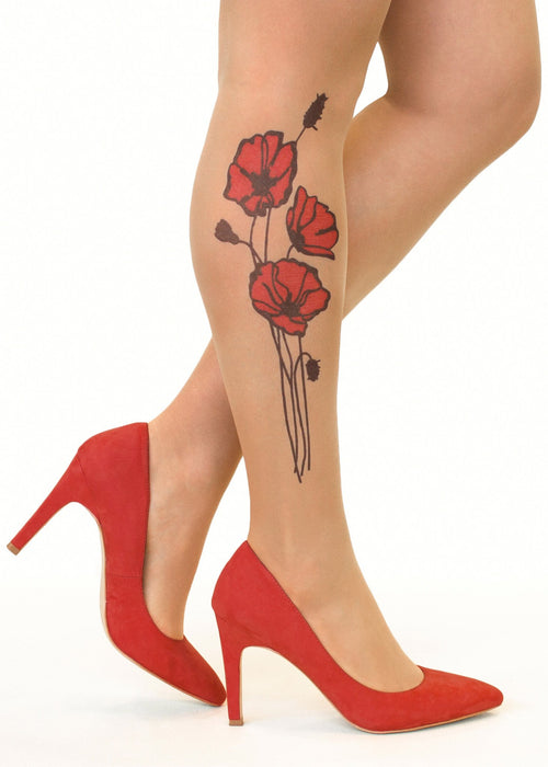 Red Poppies Tattoo Printed Sheer Tights/Pantyhose