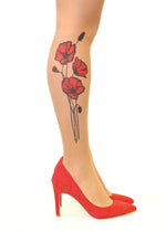 Red Poppies Tattoo Printed Sheer Tights/Pantyhose