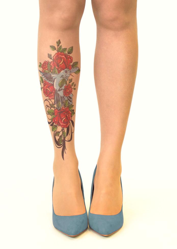 Bird N' Roses Tattoo Printed Sheer Tights/Pantyhose