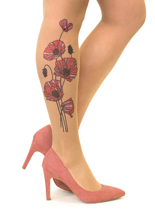 Tricolour Poppies Tattoo Printed Sheer Tights/Pantyhose