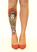 Japanese Geisha Tattoo Printed Sheer Tights/Pantyhose
