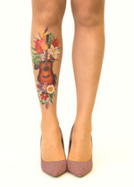 Tropical Guitar Tattoo Printed Sheer Tights/Pantyhose