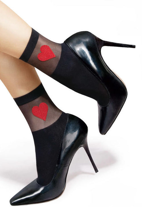 Amore Heart Patterned Opaque Ankle Socks by Lores in black and red