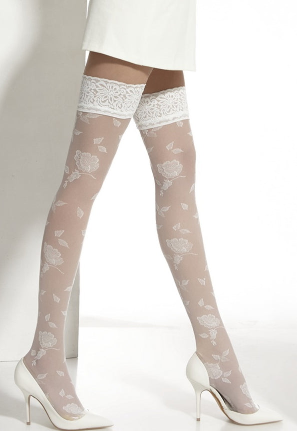 Artemis Rose Patterned Sheer Bridal Wedding Hold-Ups in White by Adrian