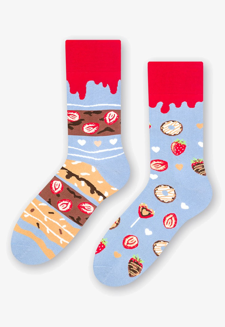 Donuts & Strawberries Odd Patterned Socks in Light Blue, Red by More