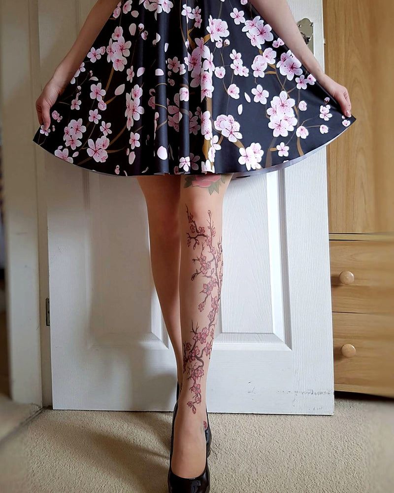 Cherry Blossoms Tattoo Printed Sheer Tights/Pantyhose