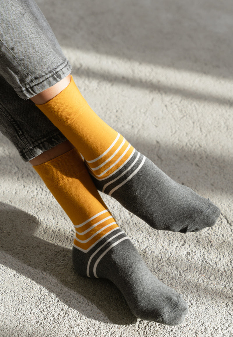 Colour Block Patterned Socks in Mustard & Grey for men women