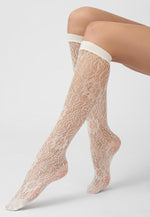Cosenza Floral Lace Patterned Knee-High Socks by Veneziana in bianco white