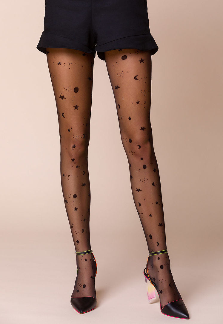 Cosmos Moon & Stars Patterned Sheer Tights by Gabriella in black