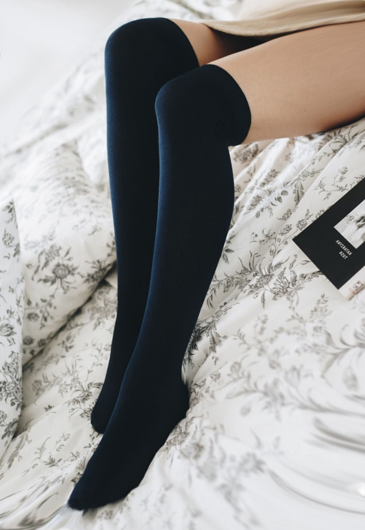 Cotton Smooth Knitted Over-Knee Socks by Steven in navy blue