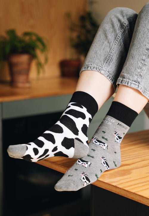 Cows Odd Patterned Socks in Marl Grey, black, white by More
