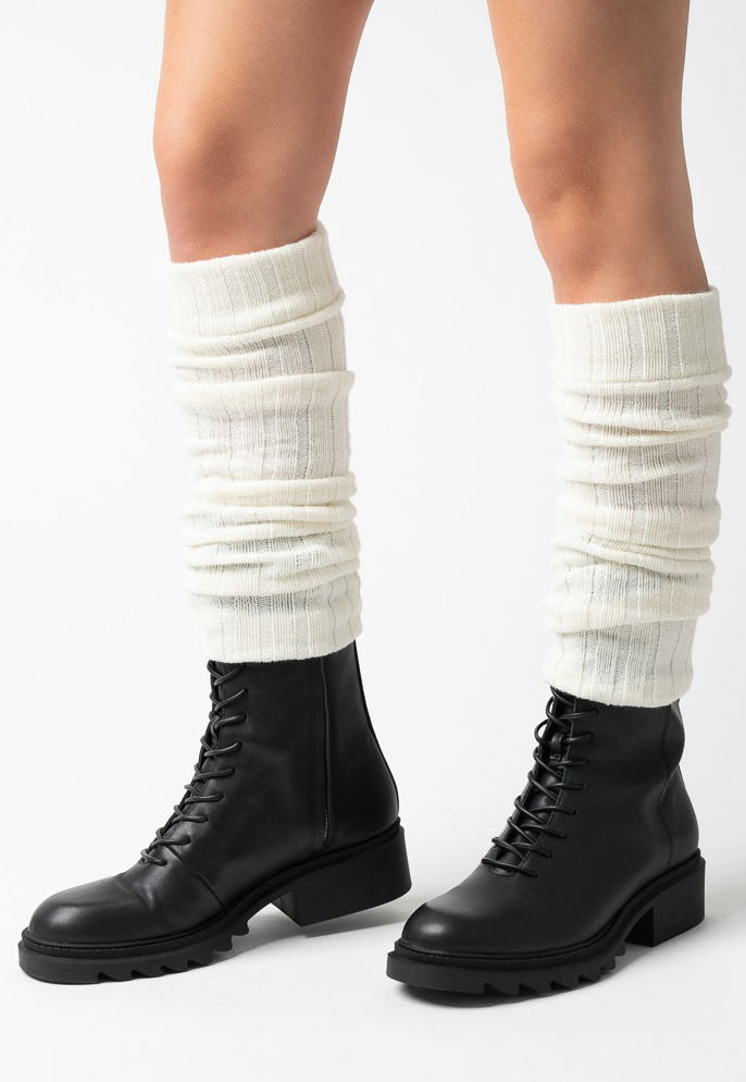 Wool Chunky Knit Ribbed Leg Warmers by Steven in ecru cream white