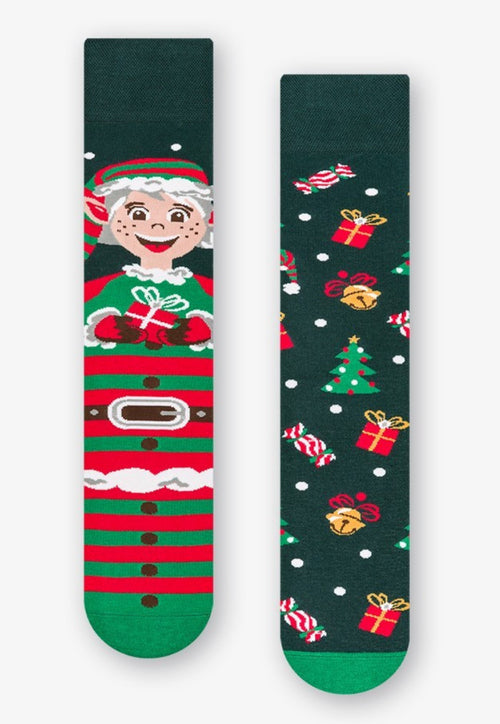 Christmas Elf & Presents Odd Patterned Socks in Dark Green & Red, for men women