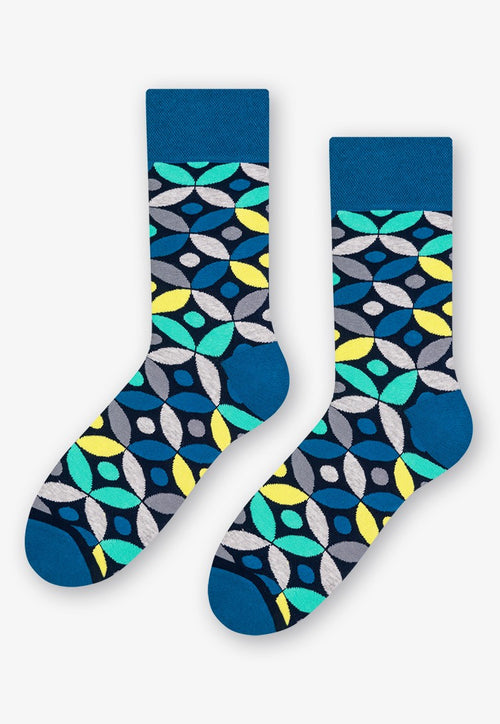 Leaves & Dots Patterned Socks in Blue by More in yellow, grey