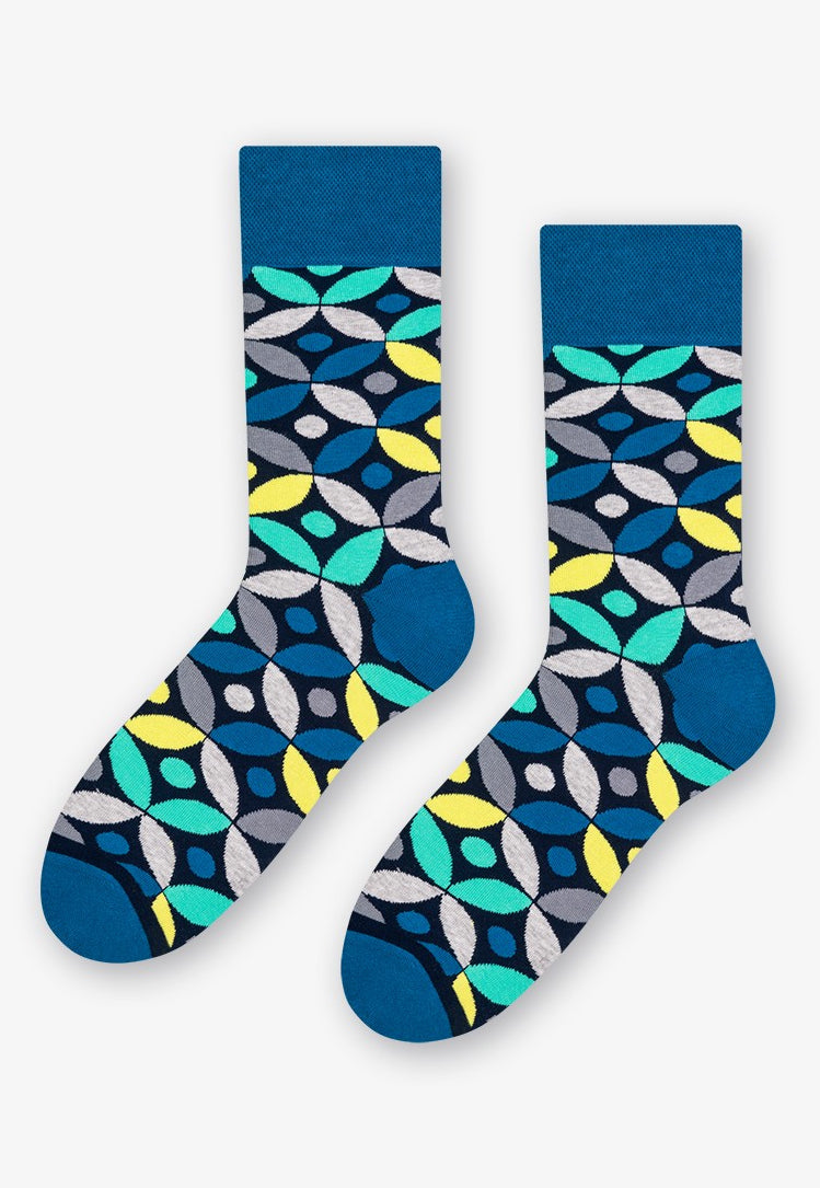 Leaves & Dots Patterned Socks in Blue by More in yellow, grey