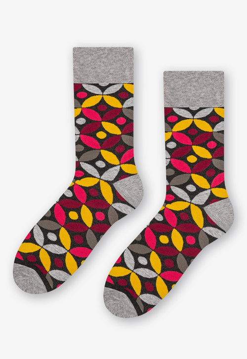 Leaves & Dots Patterned Socks in Burgundy by More in yellow grey