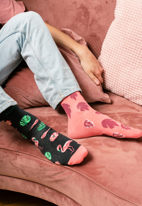 Flamingo Feathers Odd Patterned Socks in Black Pink by More