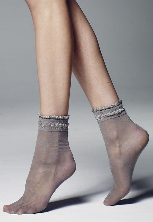 Galena Rose Vine Patterned Sheer Ankle Socks by Veneziana in grey