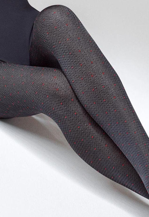 Grace 04 Fine Diamond & Red Dots Patterned Opaque Tights by Marilyn