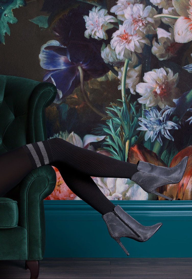 Kate Diamond Patterned Over-Knee Sock Tights with Lurex Stripes by Gabriella in black