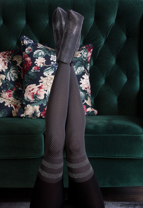 Kate Diamond Patterned Over-Knee Sock Tights with Lurex Stripes by Gabriella in grey