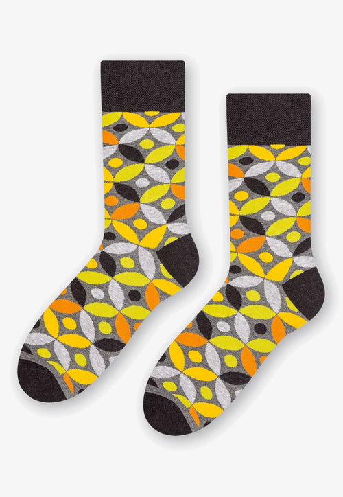 Leaves & Dots Patterned Socks in Yellow, Black, Orange by More