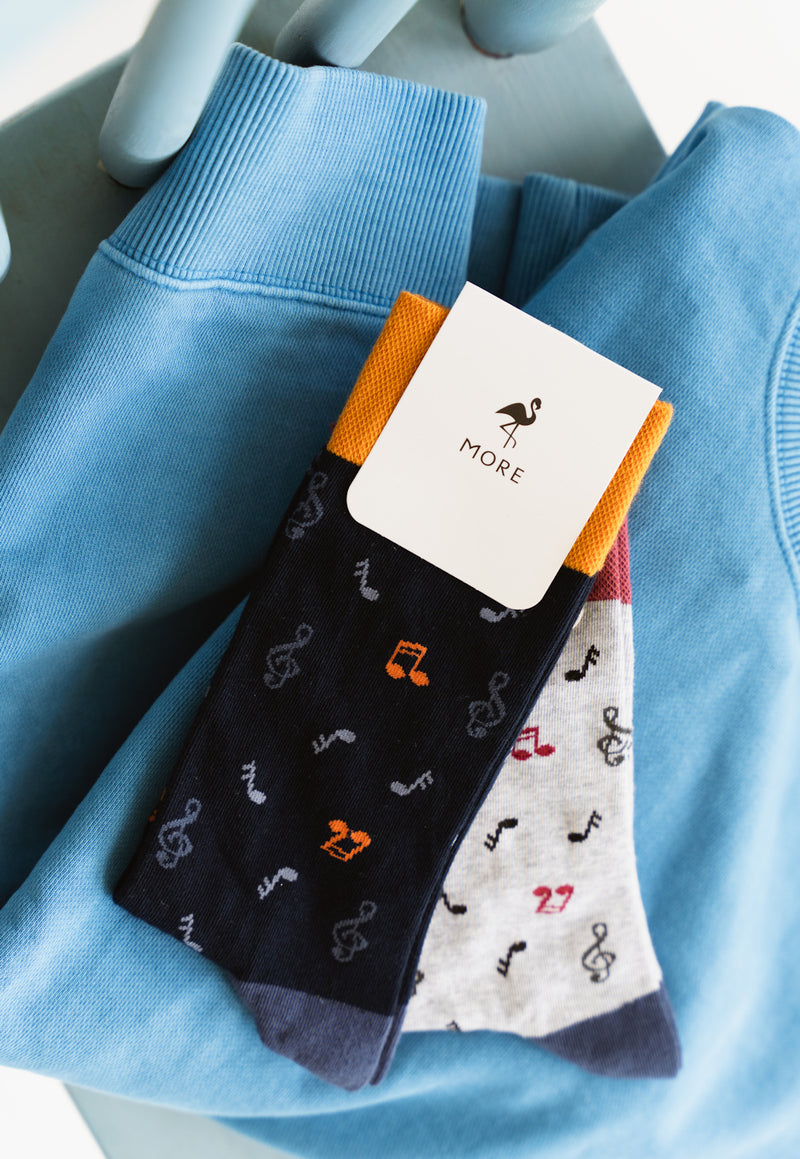Musical Notes Patterned Socks in Light Grey, Burgundy & Navy by More