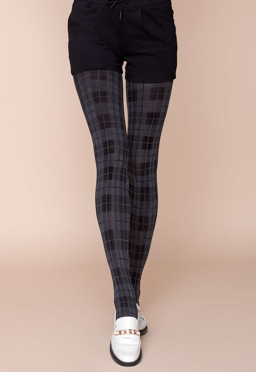 Nessa Tartan Patterned Opaque Tights by Gabriella in black grey