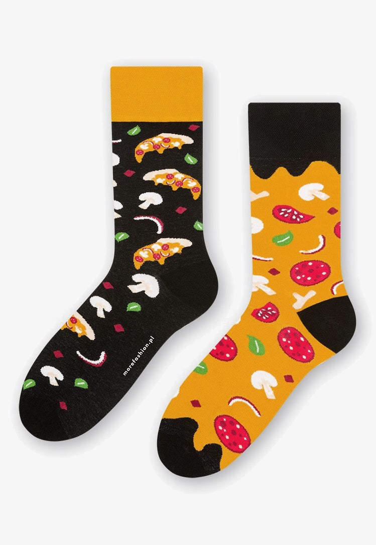 Pizza Odd Patterned Socks in Black & Mustard Yellow for men women