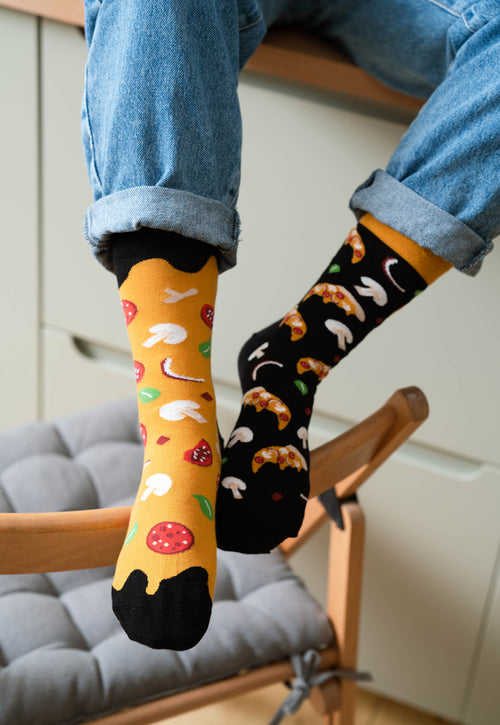 Pizza Odd Patterned Socks in Black & Mustard Yellow for men women
