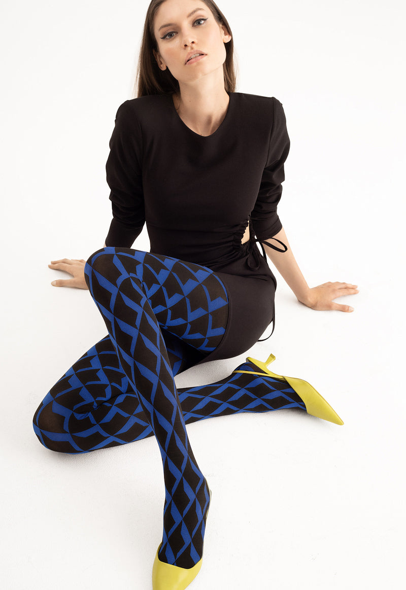 Retro Blue Abstract Patterned Opaque Tights by Fiore in blue black