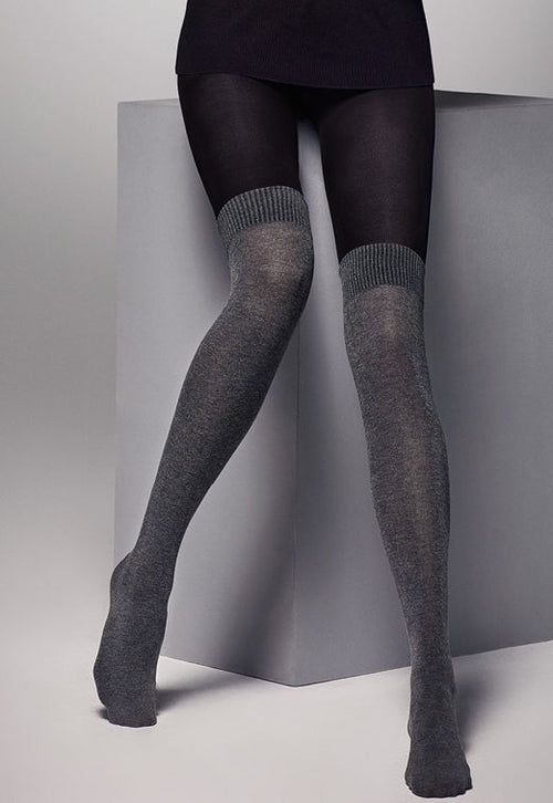 Fiore Sublime 30D Patterned Tights, Black Faux Stocking Garter Belt