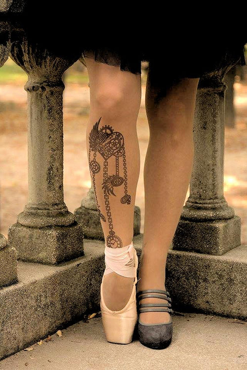 Steampunk Heart Tattoo Printed Sheer Tights/Pantyhose