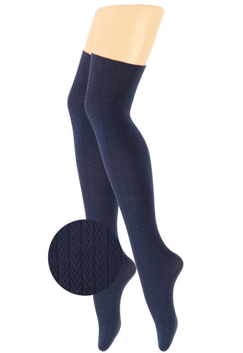 Herringbone Textured Cotton Over-Knee Socks by Wola in navy blue