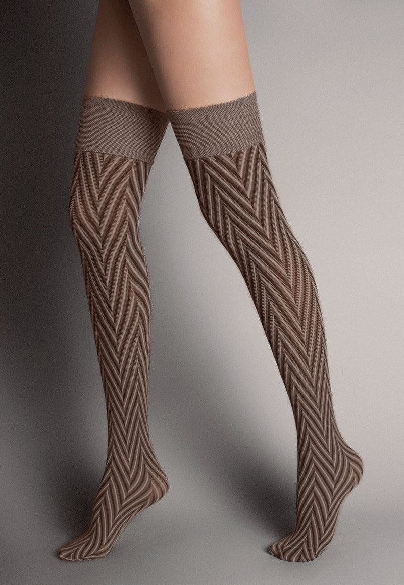Veronique Herringbone Patterned Over-Knee Socks by Veneziana in brown